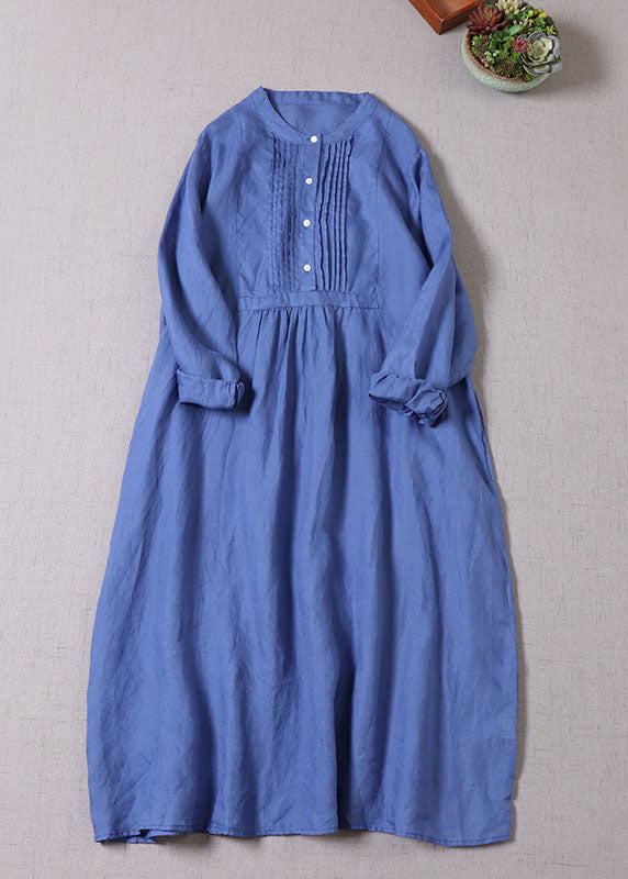 Bohemian Blue Button wrinkled Linen Dresses Long Sleeve