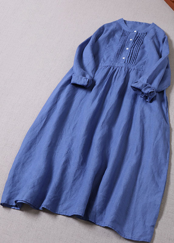 Bohemian Blue Button wrinkled Linen Dresses Long Sleeve