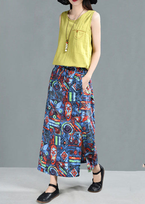 Bohemian Blue Elastic Waist Pockets Print Linen A Line Skirt Summer