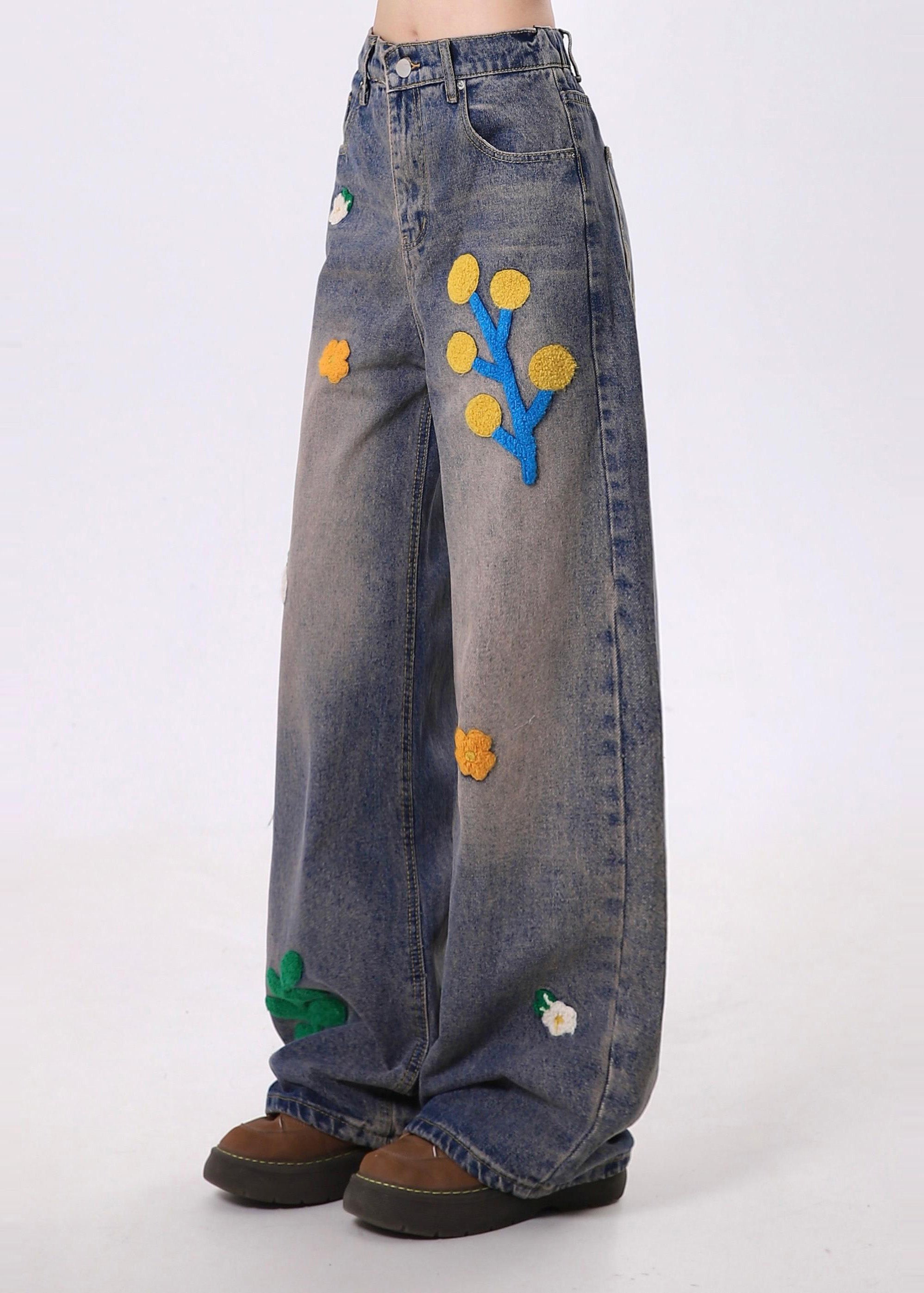 Bohemian Blue Embroidered Denim Straight Pants Spring