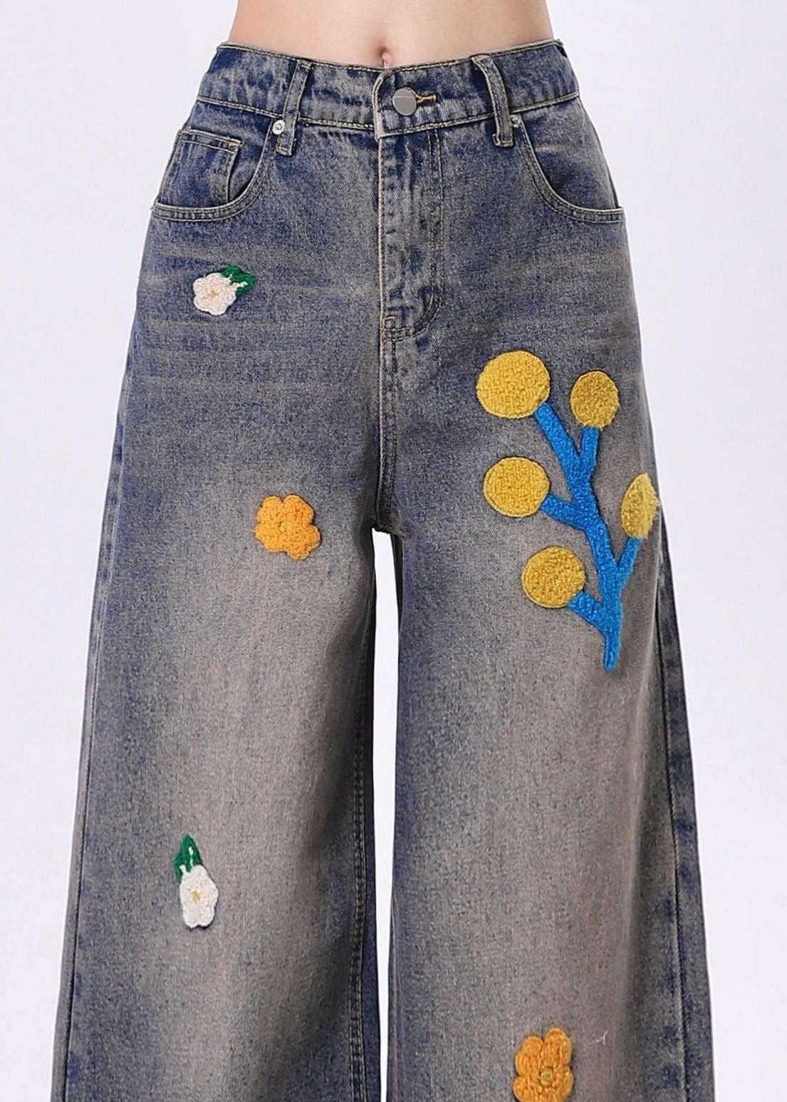 Bohemian Blue Embroidered Denim Straight Pants Spring