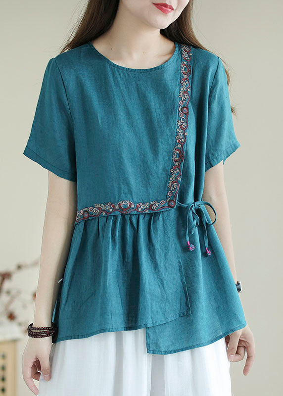 Bohemian Blue Embroideried  Shirt Top Short Sleeve