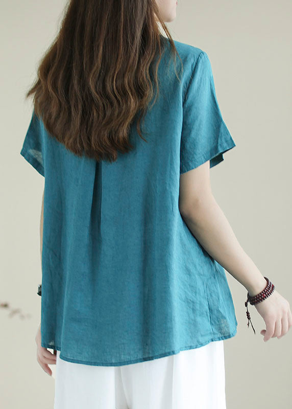 Bohemian Blue Embroideried  Shirt Top Short Sleeve