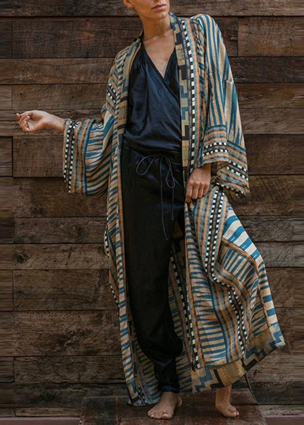 Bohemian Blue Geometric Print Long sleeve kimono robe Mid Summer Cotton