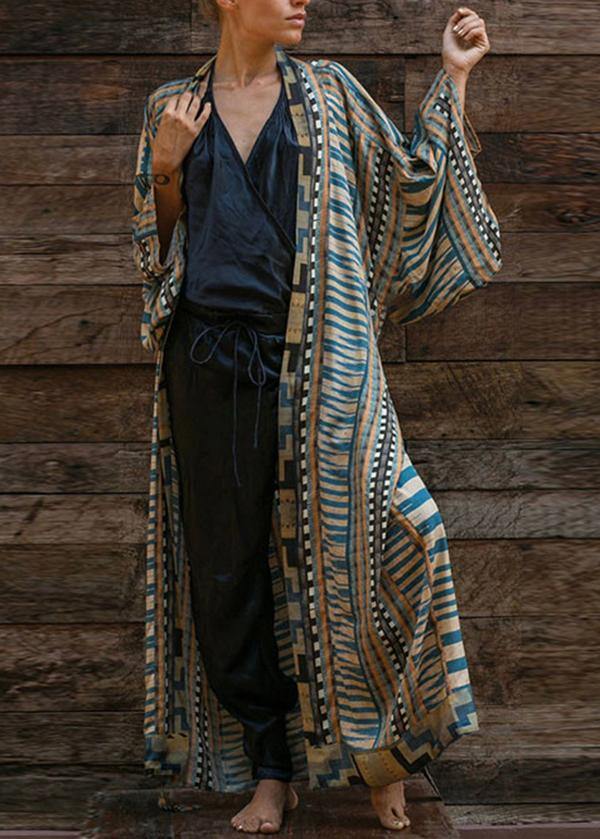 Bohemian Blue Geometric Print Long sleeve kimono robe Mid Summer Cotton