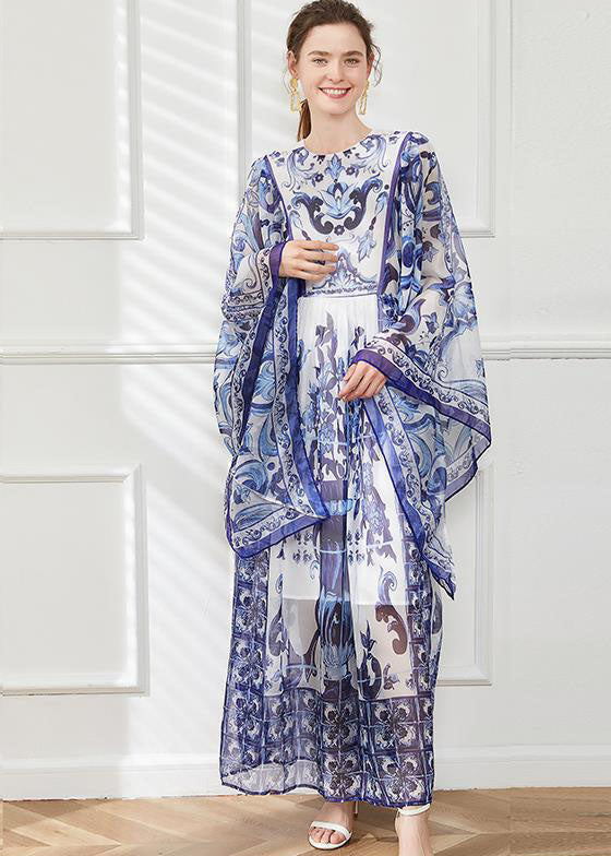 Bohemian Blue O-Neck Print Chiffon Maxi Dress Cloak Sleeves