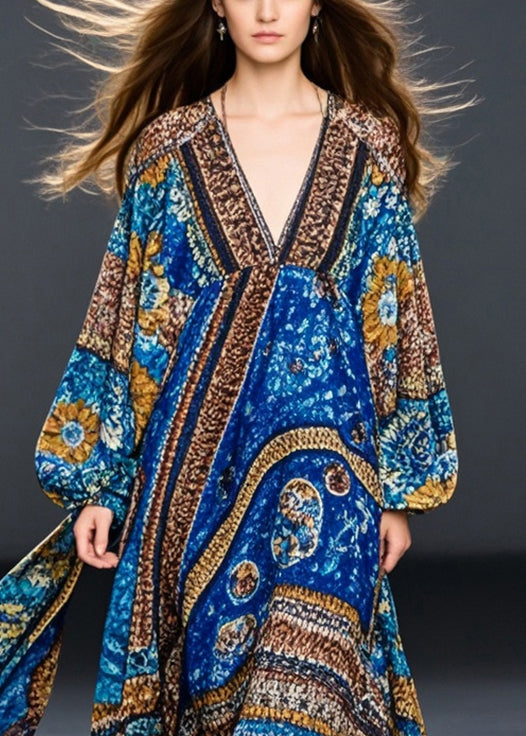 Bohemian Blue Oversized Print Cotton Maxi Dresses Spring