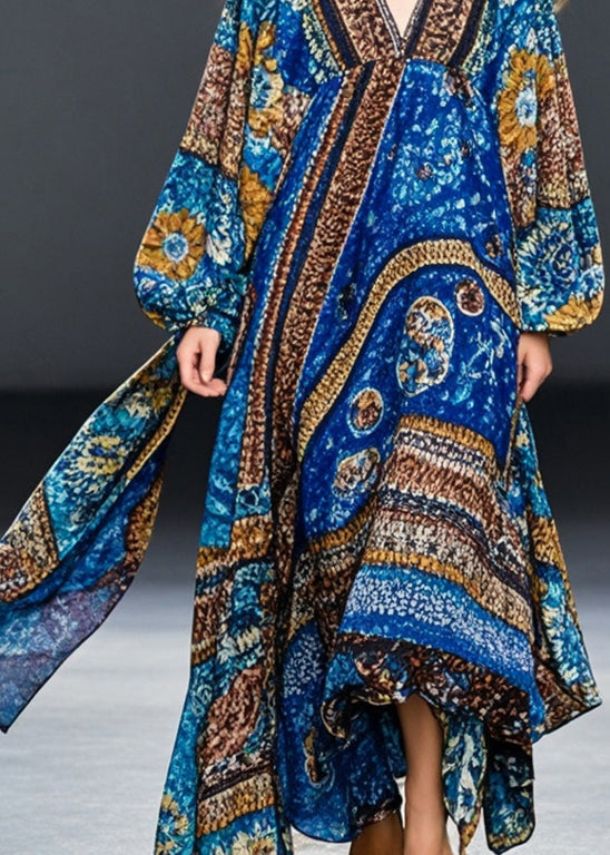 Bohemian Blue Oversized Print Cotton Maxi Dresses Spring