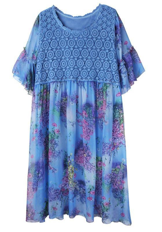 Bohemian Blue Print Chiffon Patchwork Summer Dresses