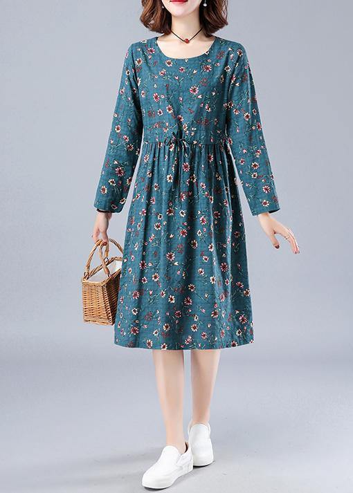 Bohemian Blue Print Robes O Neck Drawstring Daily Spring Dresses