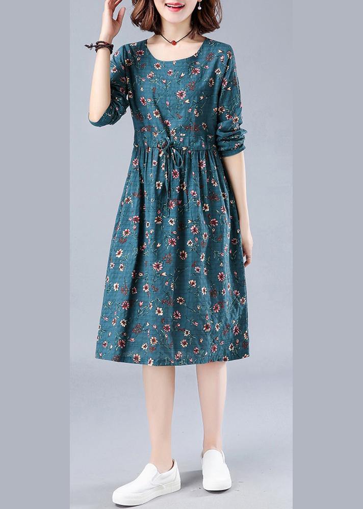 Bohemian Blue Print Robes O Neck Drawstring Daily Spring Dresses