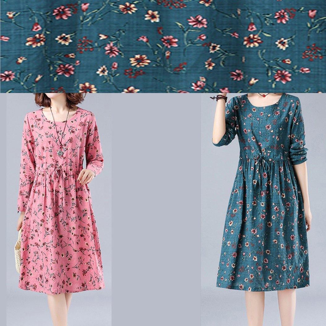 Bohemian Blue Print Robes O Neck Drawstring Daily Spring Dresses