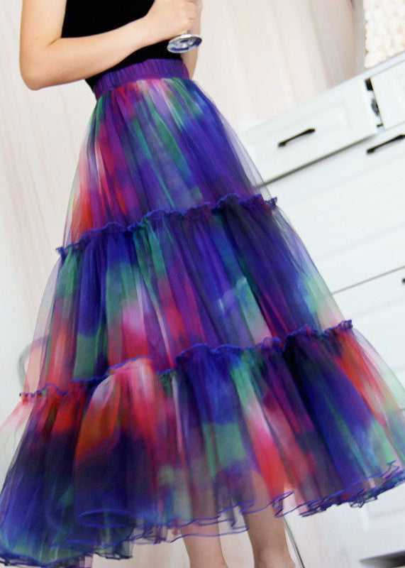 Bohemian Blue Ruffled Tie Dye Tulle Skirt Spring