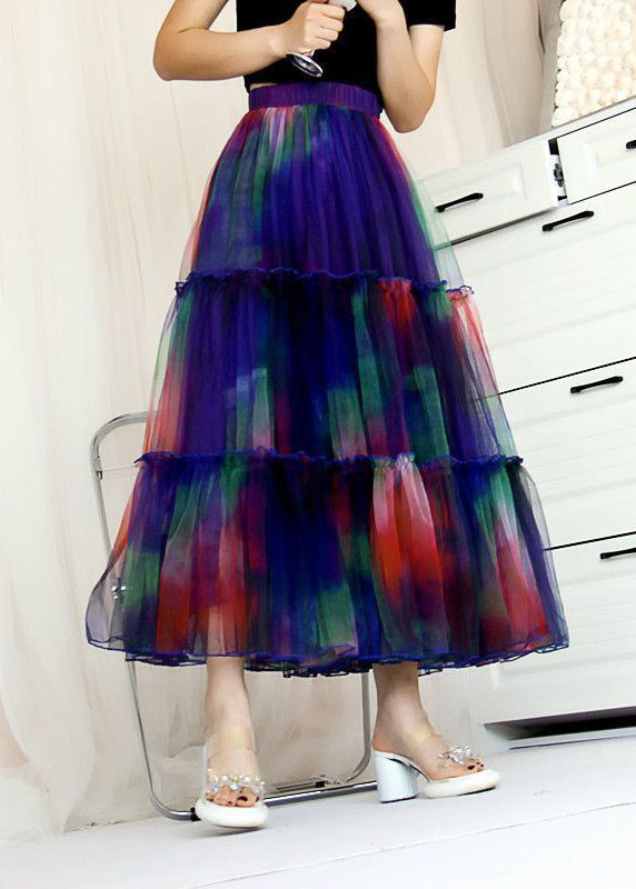 Bohemian Blue Ruffled Tie Dye Tulle Skirt Spring