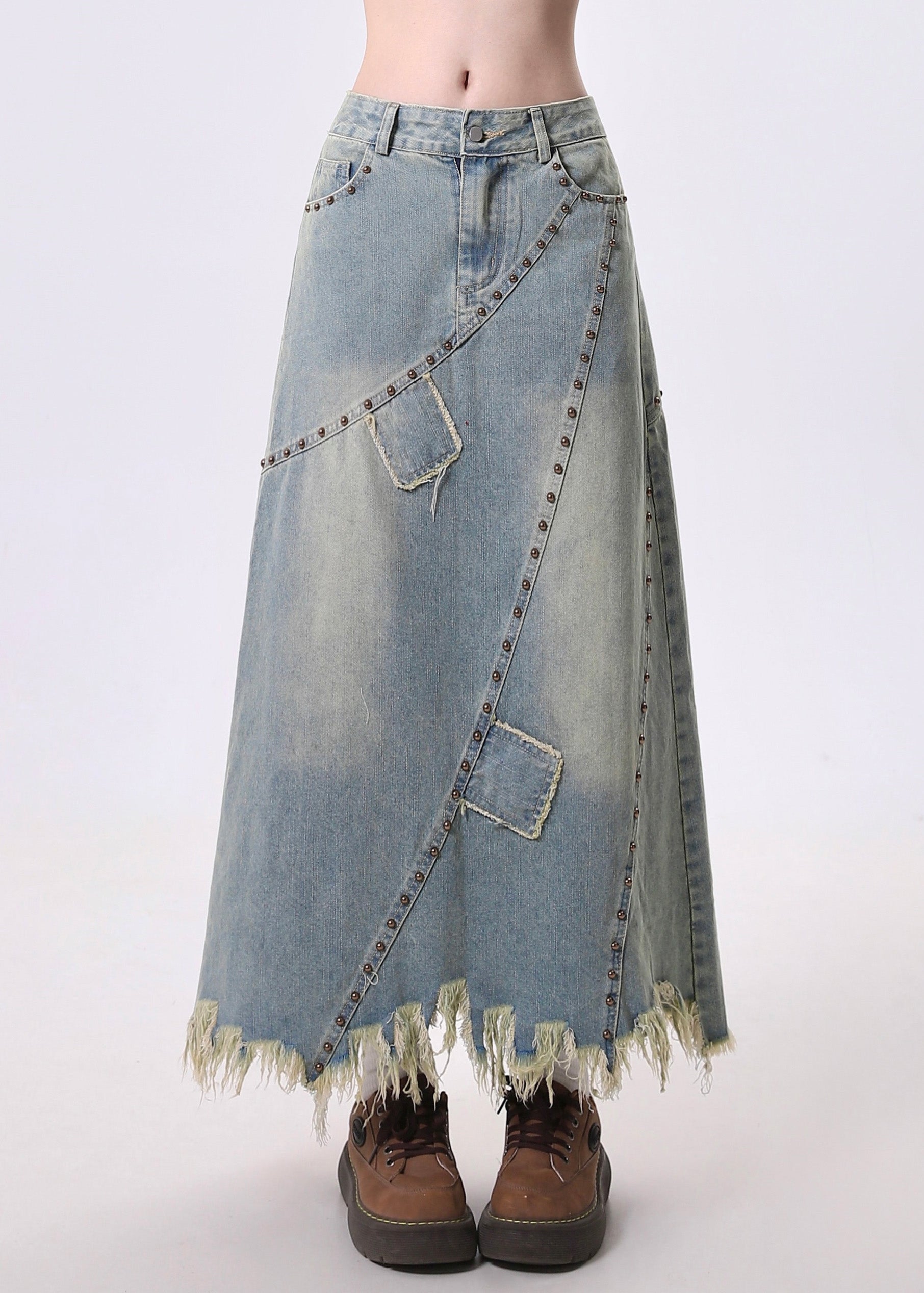 Bohemian Blue Tasseled Patchwork Rivet Denim A Line Skirt Spring