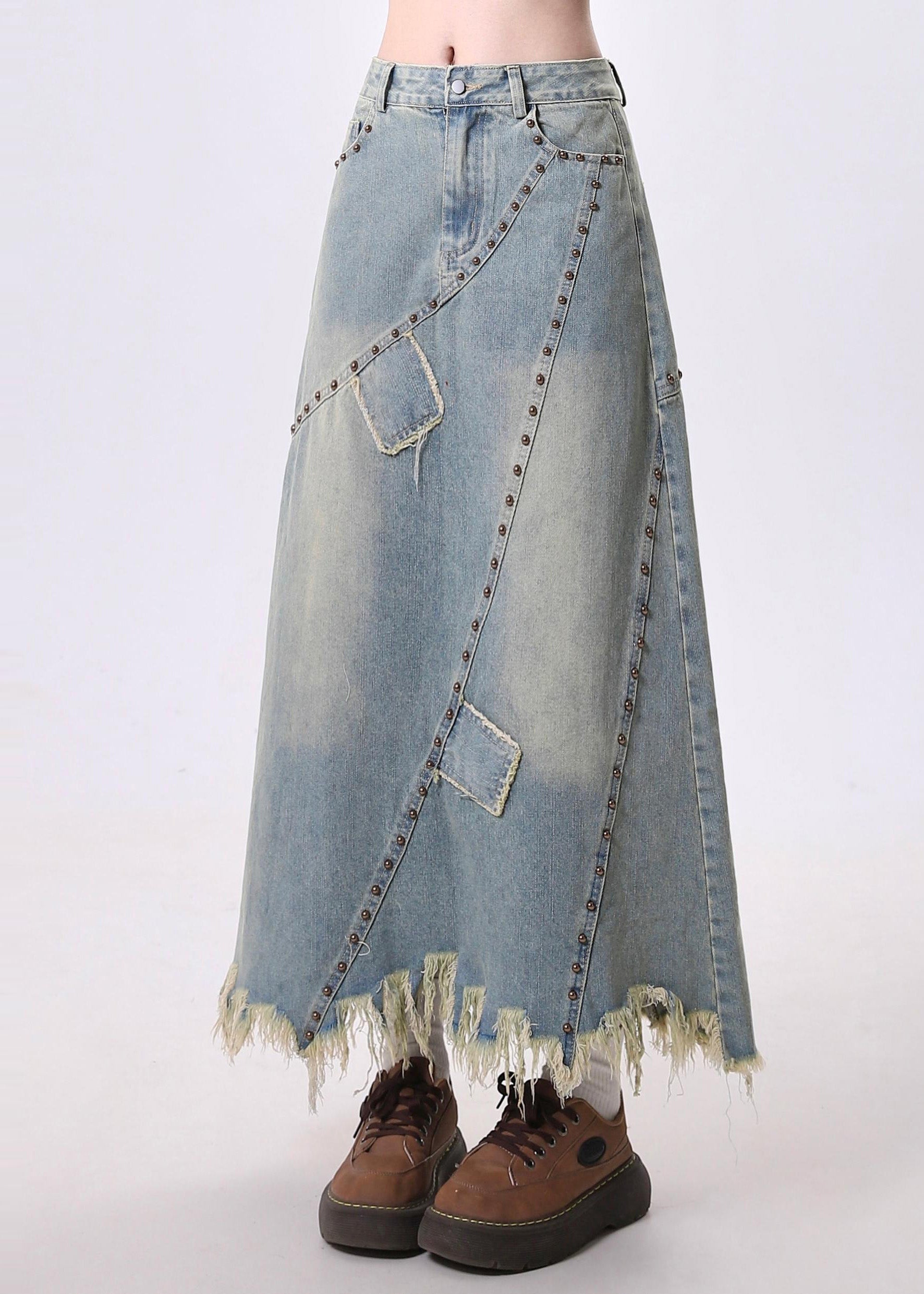 Bohemian Blue Tasseled Patchwork Rivet Denim A Line Skirt Spring