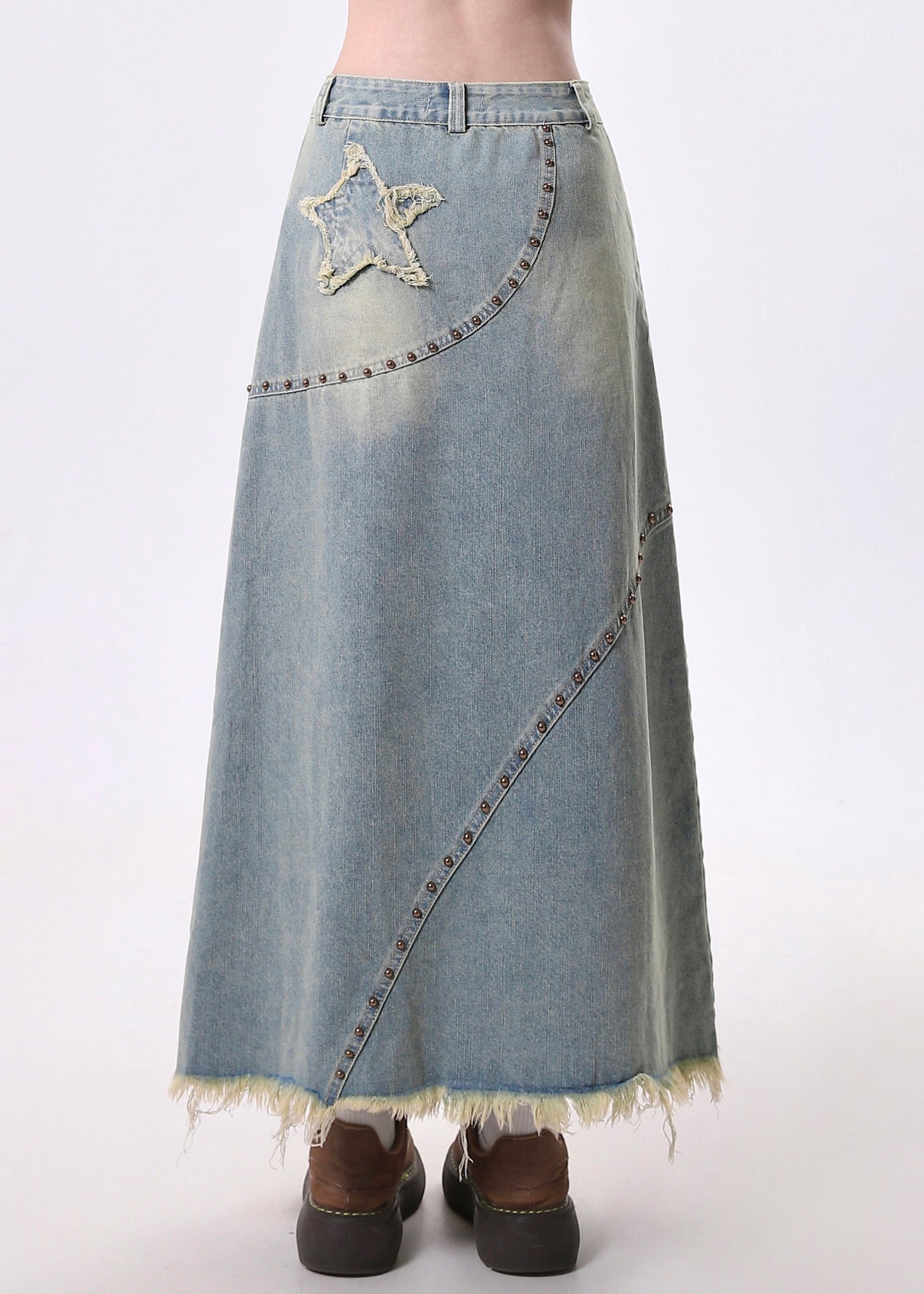 Bohemian Blue Tasseled Patchwork Rivet Denim A Line Skirt Spring