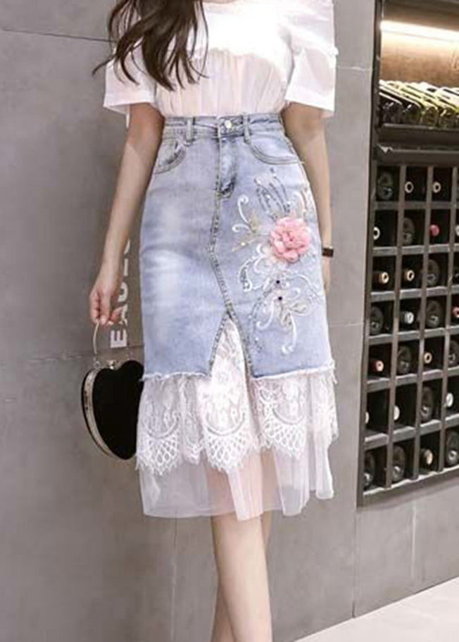 Bohemian Blue Tulle Patchwork Floral Button Denim Skirt