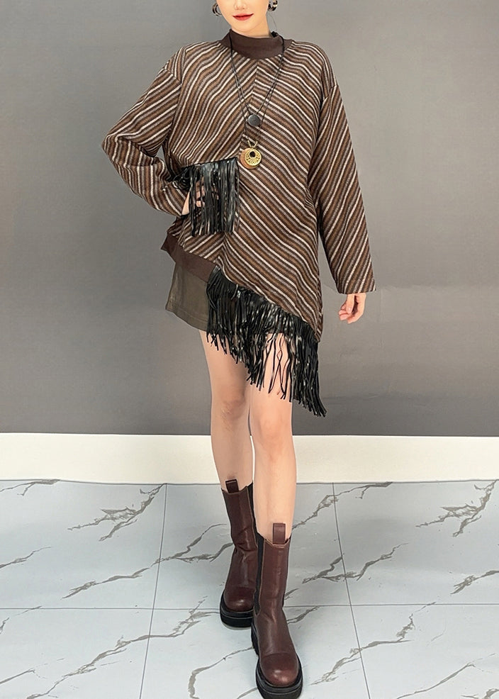 Bohemian Brown O-Neck Asymmetrical Tassel Wool Knit Long Sweater Dress Winter