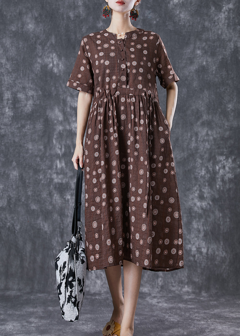 Bohemian Coffee Cinched Daisy Linen Dresses Summer