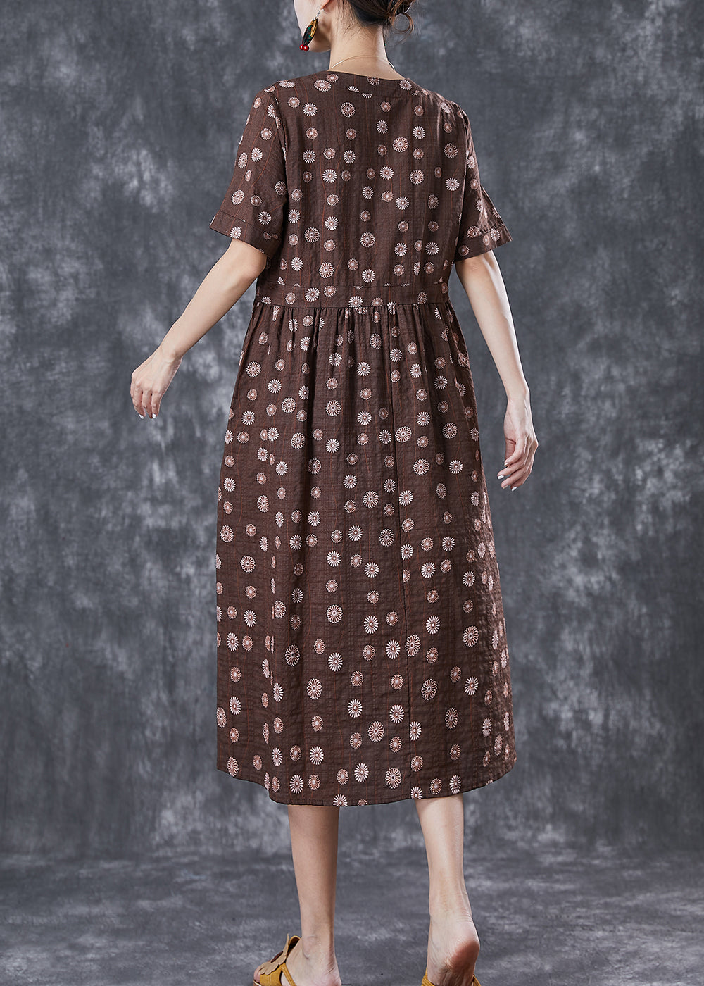 Bohemian Coffee Cinched Daisy Linen Dresses Summer