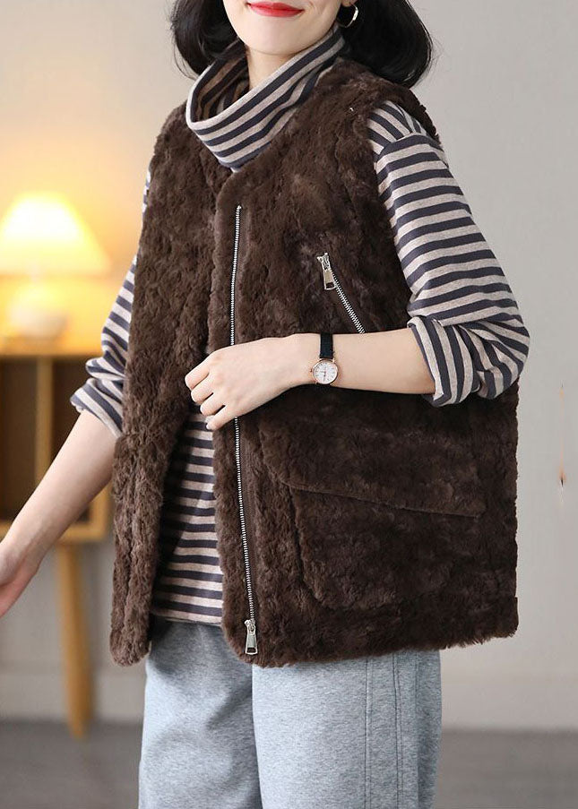 Bohemian Coffee O-Neck Pockets Warm Fuzzy Fur Fluffy Vest Spring