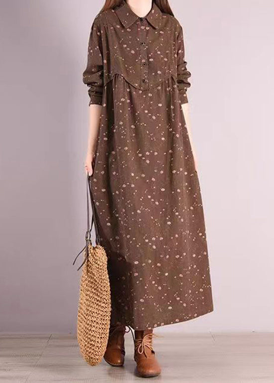 Bohemian Coffee Peter Pan Collar Patchwork Cotton Dress Fall