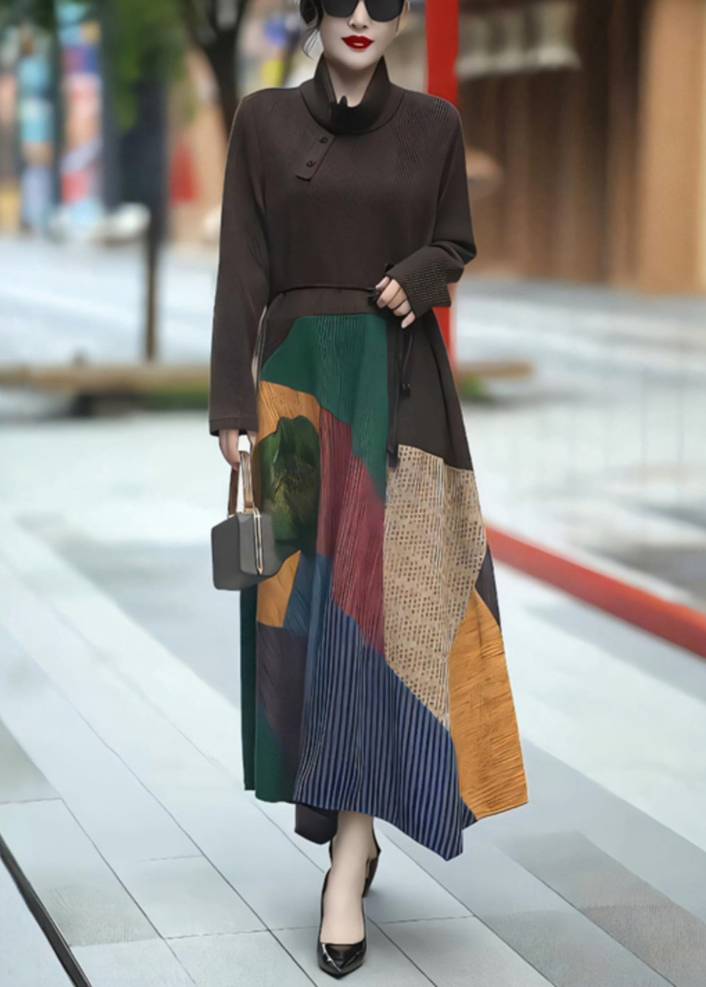 Bohemian Coffee Turtleneck Tie Waist Patchwork Long Dress Winter