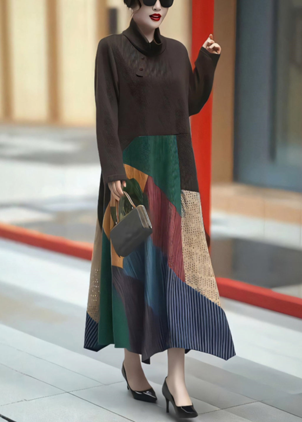 Bohemian Coffee Turtleneck Tie Waist Patchwork Long Dress Winter