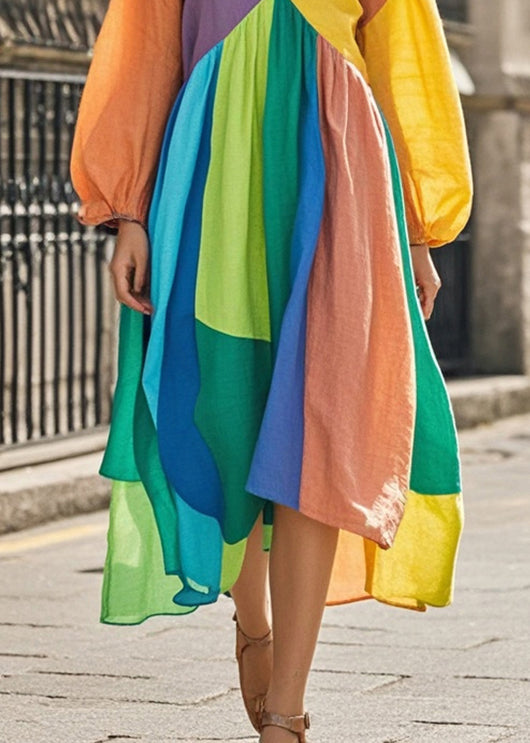 Bohemian Colorblock Asymmetrical Patchwork Cotton Maxi Dresses Spring