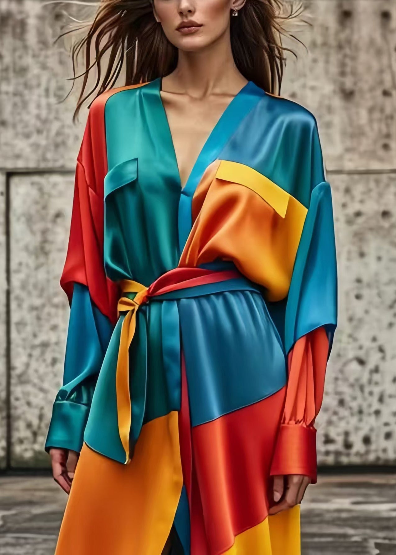 Bohemian Colorblock Asymmetrical Patchwork Tie Waist Silk Dress Spring