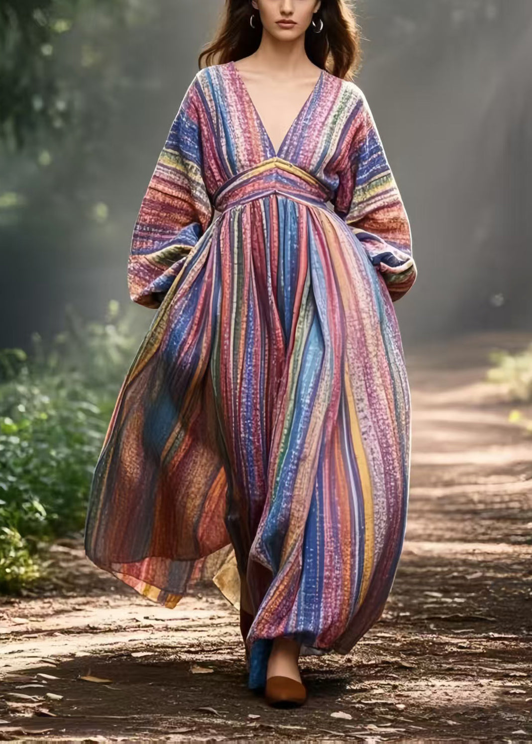 Bohemian Colorblock V Neck Striped Cotton Vacation Dresses Spring