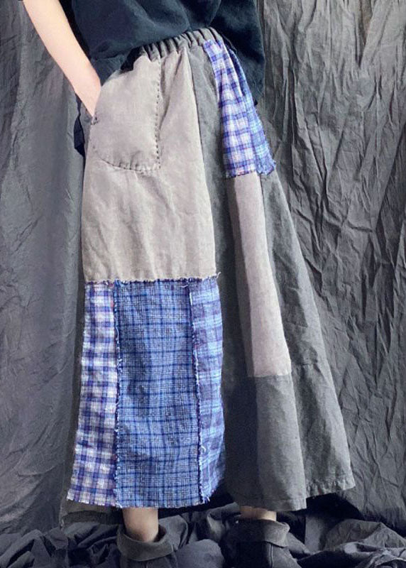 Bohemian Colorblock Wrinkled Pockets Patchwork Linen Skirts Spring