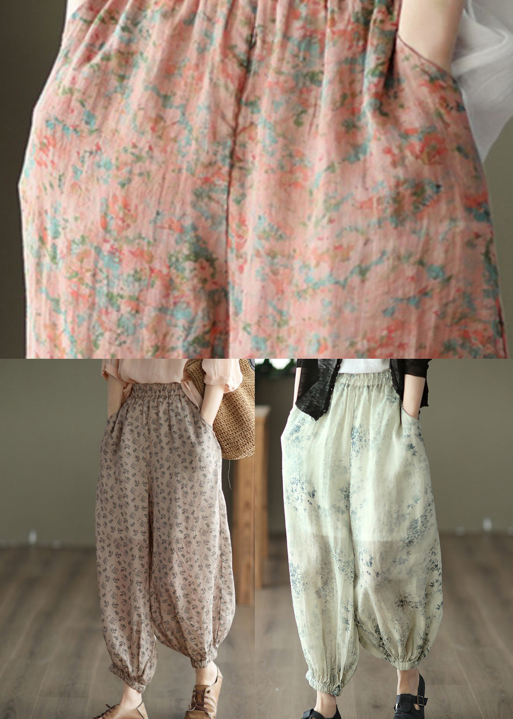 Bohemian Cyan Pockets Print Linen Lantern Pants Summer