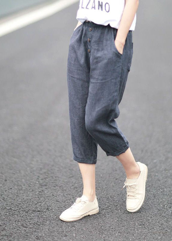 Bohemian Denim Blue Pockets Patchwork Linen Crop Pants Summer