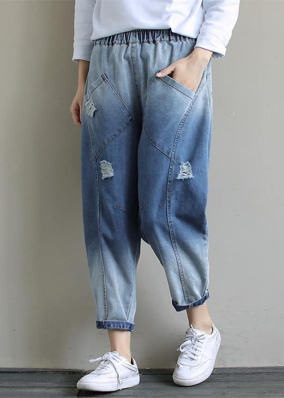 Bohemian Denim Light Blue Trousers Oversize Spring Elastic Waist Hole Work Pant