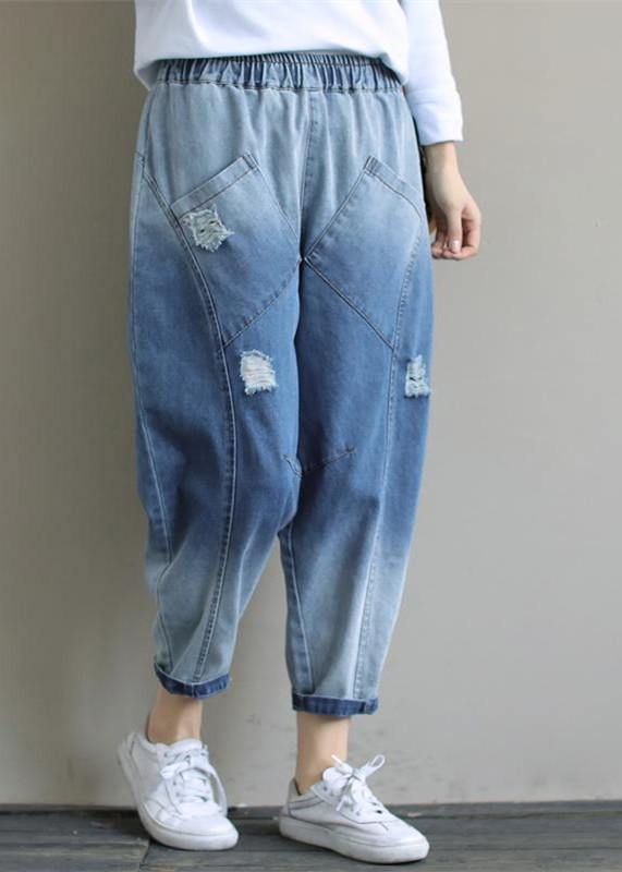 Bohemian Denim Light Blue Trousers Oversize Spring Elastic Waist Hole Work Pant