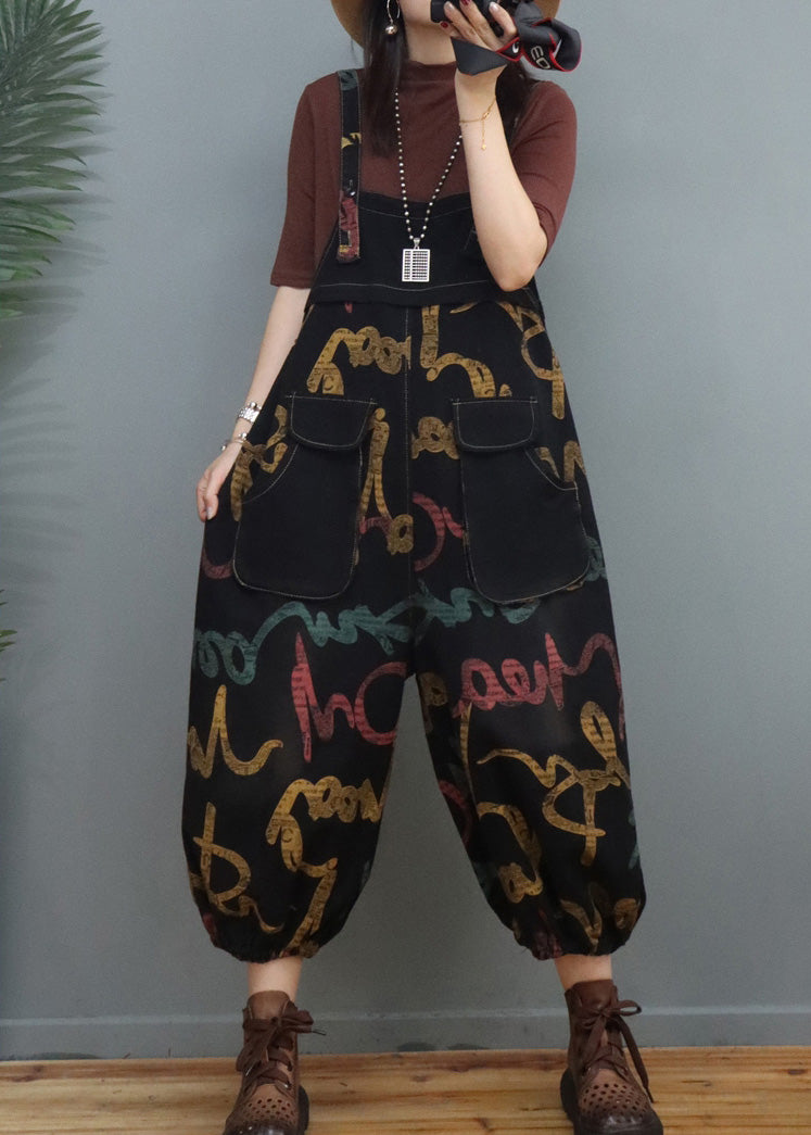 Bohemian Graphic Print Patchwork Denim Lantern Jumpsuits Spring