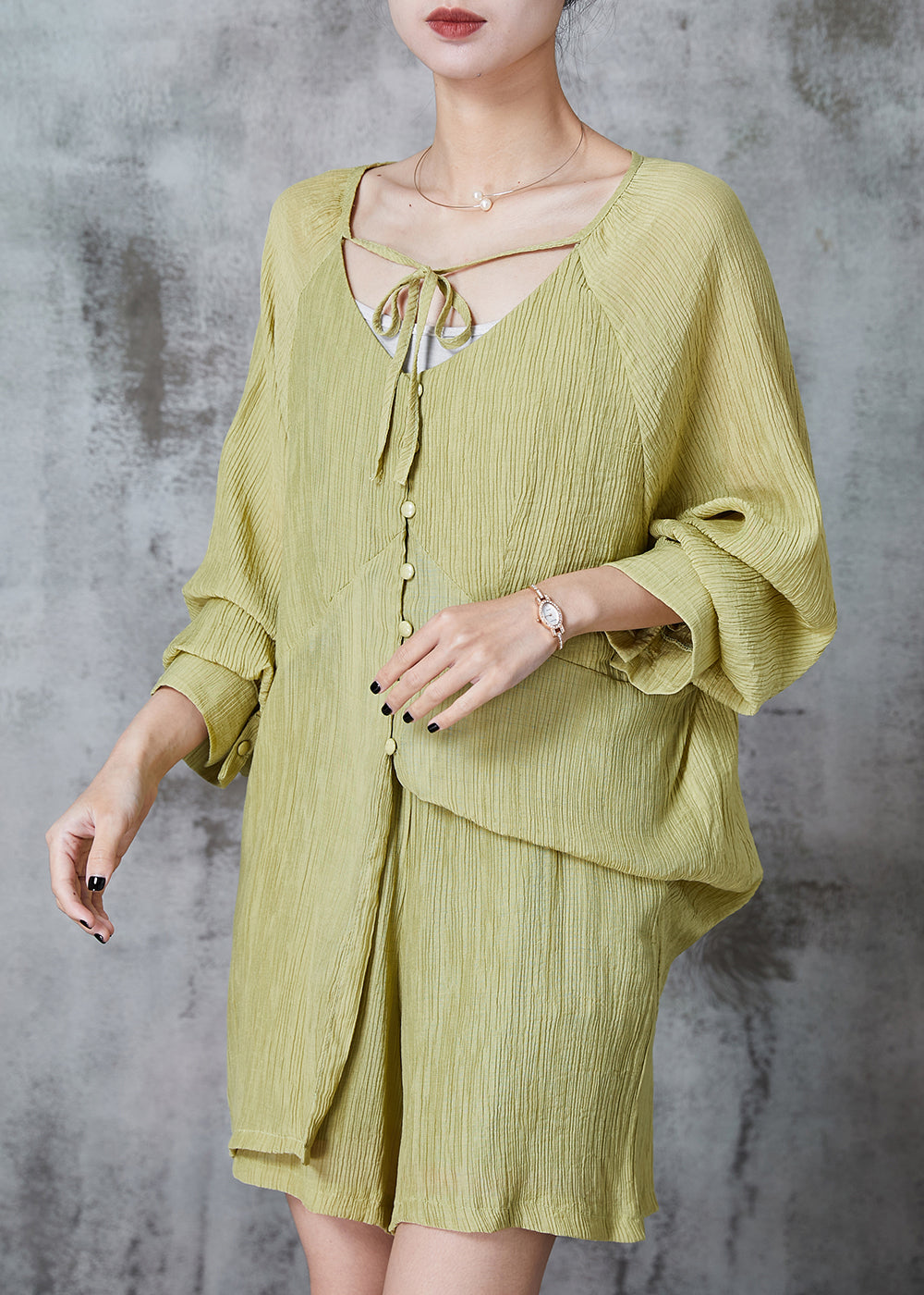 Bohemian Grass Green Oversized Wrinkled Cotton Two Pieces Set Summer