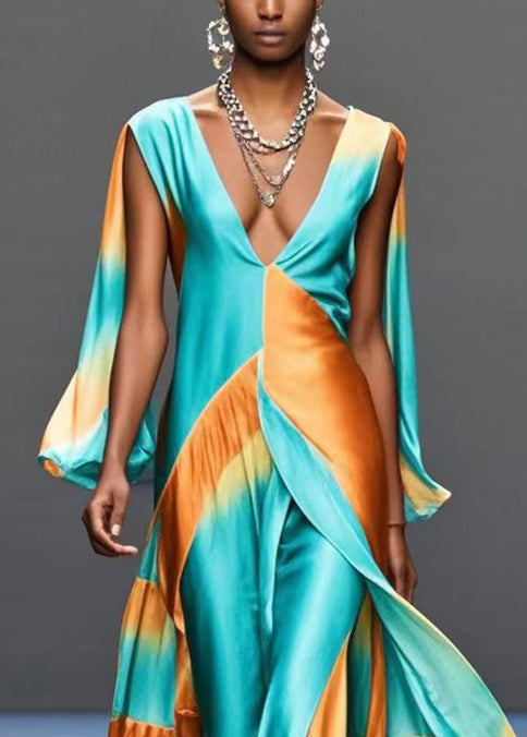 Bohemian Green Deep-V Neck Patchwork Silk Maxi Dresses Butterfly Sleeve