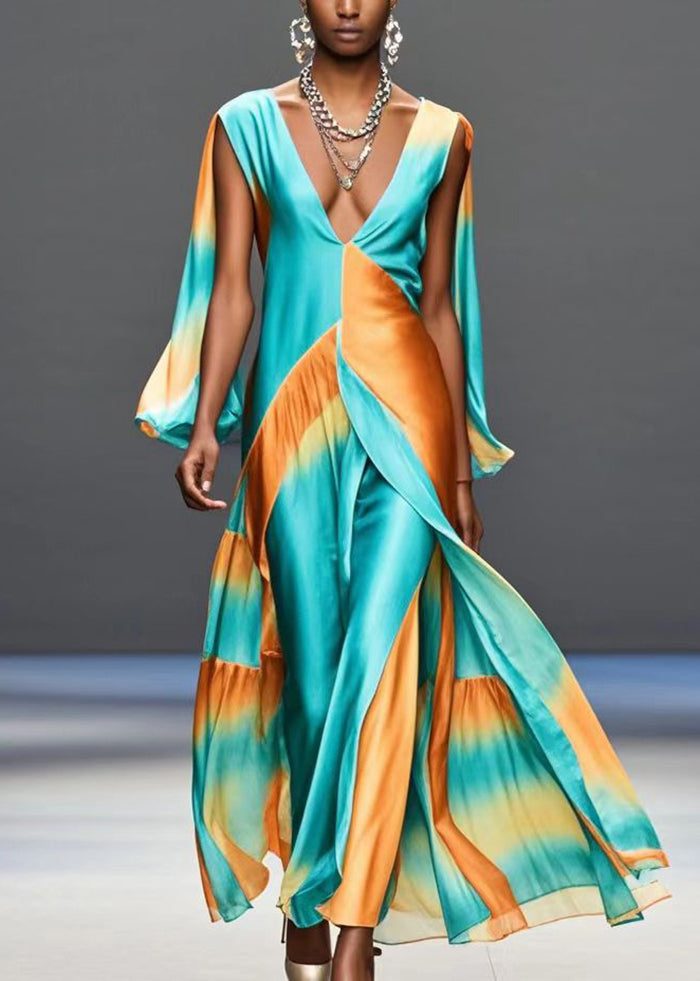 Bohemian Green Deep-V Neck Patchwork Silk Maxi Dresses Butterfly Sleeve