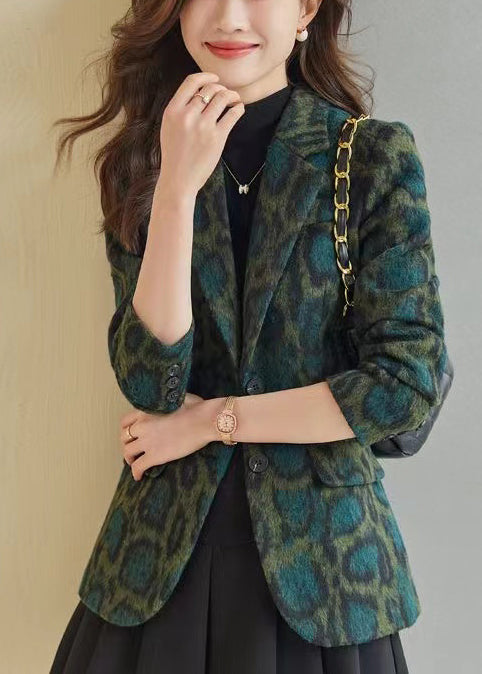 Bohemian Green Leopard Print Woolen Coats Spring