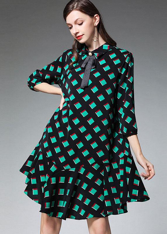 Bohemian Green Plaid Fashion Chiffon Fall Zippered Party Dresses Half Sleeve