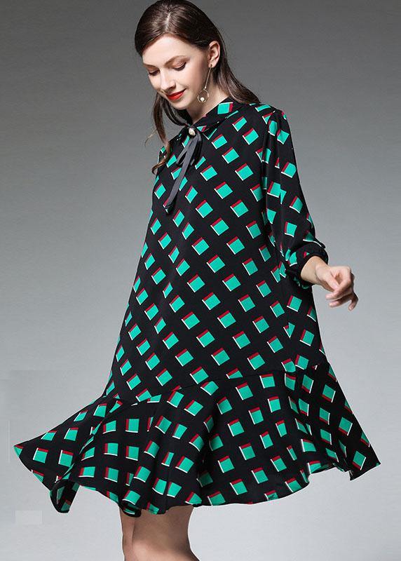 Bohemian Green Plaid Fashion Chiffon Fall Zippered Party Dresses Half Sleeve