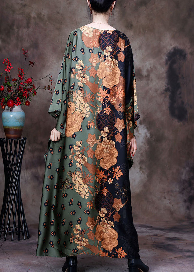 Bohemian Green Print Silk Maxi Dress Batwing Sleeve