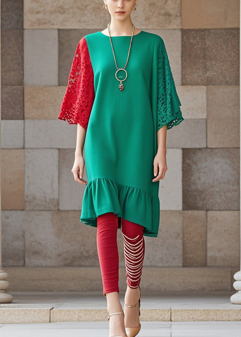 Bohemian Green Ruffles Patchwork Lace Dresses Fall