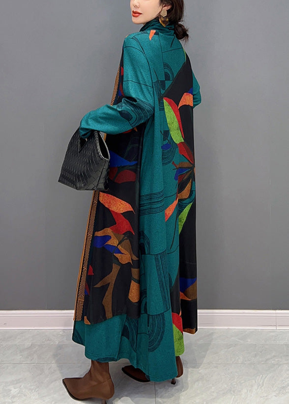 Bohemian Green Turtleneck Print Patchwork Long Dress Long Sleeve