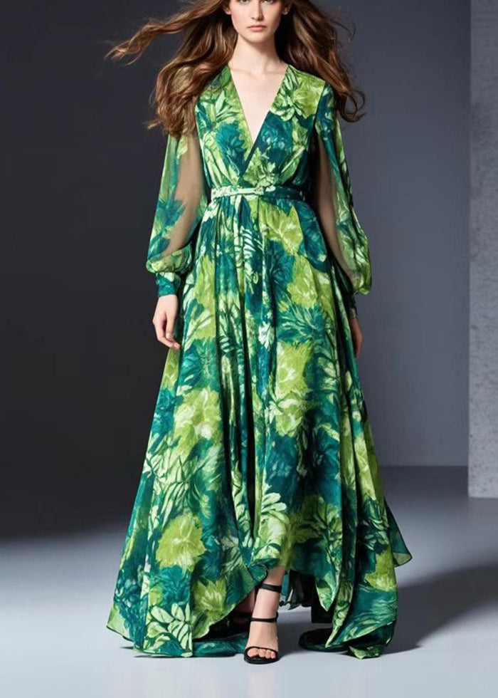 Bohemian Green V Neck Print Chiffon Dresses Spring