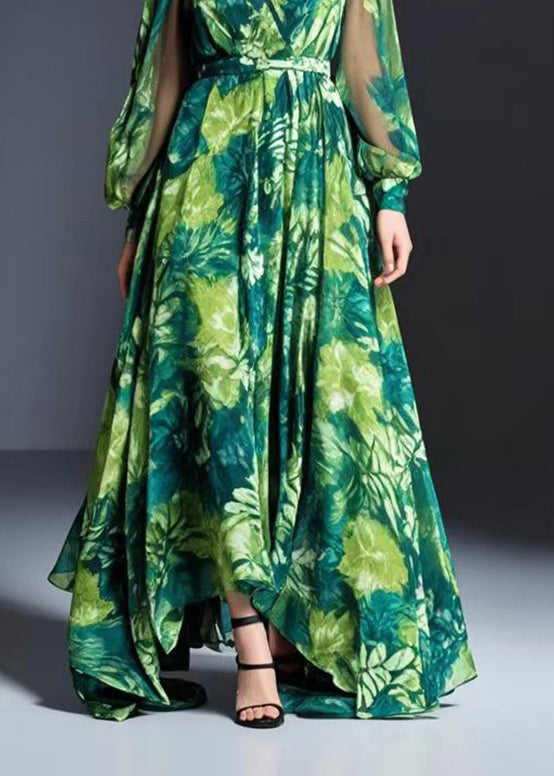 Bohemian Green V Neck Print Chiffon Dresses Spring