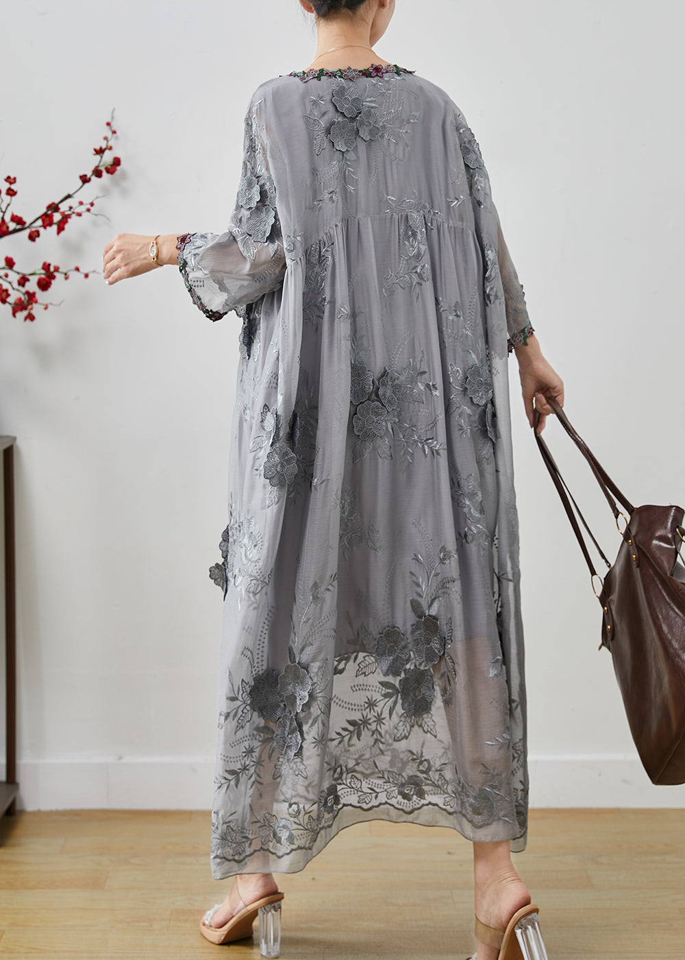 Bohemian Grey Embroidered Floral Silk Party Dress Spring